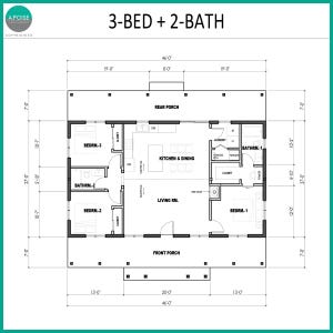 May include: A black and white architectural floor plan for a 3-bed, 2-bath house. The layout features a central living room, kitchen and dining area, front and rear porches, and three bedrooms with closets. Dimensions are provided in feet and inches.