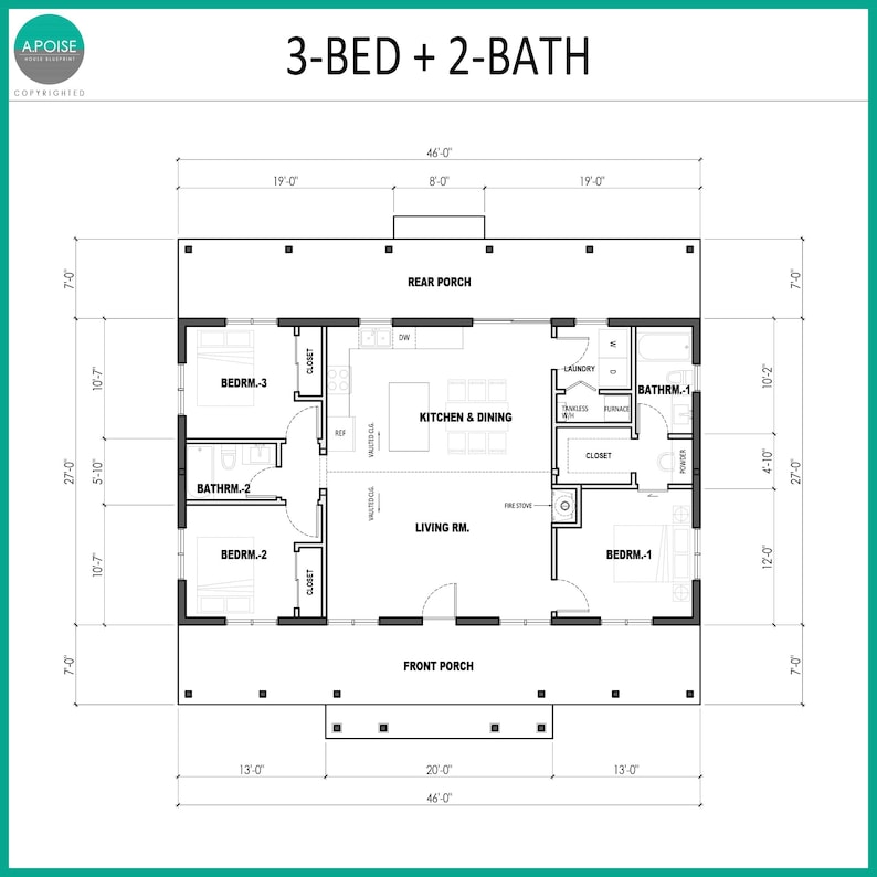 May include: A black and white architectural floor plan for a 3-bed, 2-bath house. The layout features a central living room, kitchen and dining area, front and rear porches, and three bedrooms with closets. Dimensions are provided in feet and inches.