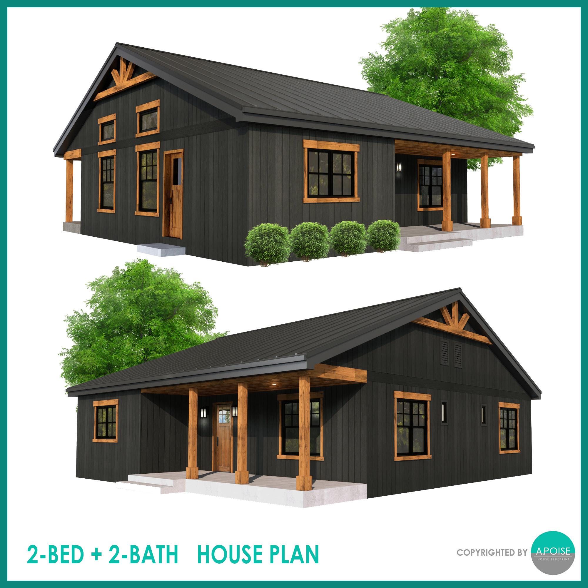 Modern Small House Plans 2bed 2bath Small Cabin Plan W/Porch House Architectural Plan House Floor Plans Blueprint