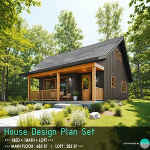 Huisplattegronden met loft 27'x26' huisplattegrondenset - Custom Tiny House 970SF Cabinehuis blauwdruk, donkergrijs en cederhout