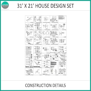 Puede incluir: Un conjunto de dise&ntilde;o de casa de 31' x 21' con detalles de construcci&oacute;n t&eacute;cnicos en blanco y negro. El documento incluye diagramas arquitect&oacute;nicos, secciones transversales estructurales y notas de construcci&oacute;n marcadas como A.POISE.
