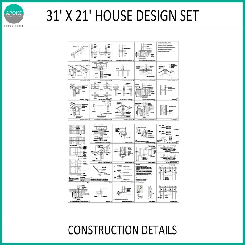 Puede incluir: Un conjunto de dise&ntilde;o de casa de 31' x 21' con detalles de construcci&oacute;n t&eacute;cnicos en blanco y negro. El documento incluye diagramas arquitect&oacute;nicos, secciones transversales estructurales y notas de construcci&oacute;n marcadas como A.POISE.