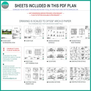 May include: A digital PDF plan set for a house, scaled to 24"x36" Arch-D paper. Includes a cover sheet with rendering, floor plans, door and window schedules, foundation and roof framing, elevations, construction details, and lighting and power plans.