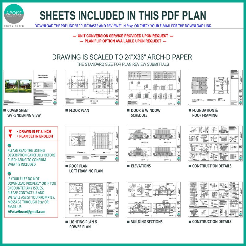 May include: A digital PDF plan set for a house, scaled to 24"x36" Arch-D paper. Includes a cover sheet with rendering, floor plans, door and window schedules, foundation and roof framing, elevations, construction details, and lighting and power plans.