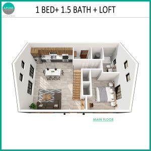 May include: A top-down floor plan labelled 1 BED+ 1.5 BATH + LOFT showing a main floor layout with a kitchen, dining area, living room with a sectional sofa, a bedroom with a bed, a bathroom, and a staircase leading to an upper level.