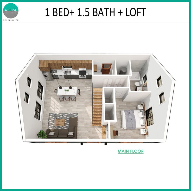 May include: A top-down floor plan labelled 1 BED+ 1.5 BATH + LOFT showing a main floor layout with a kitchen, dining area, living room with a sectional sofa, a bedroom with a bed, a bathroom, and a staircase leading to an upper level.
