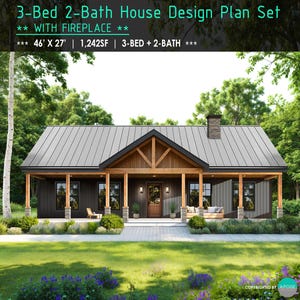 3bed 2bath Farmhouse Plans with Fireplace 46&#39;x27&#39; House Design Plan Set - Custom Home Plans 1,242SF Cottage Ranch House Blueprint