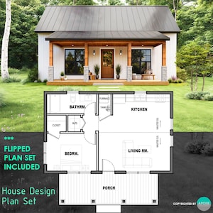 Puede incluir: Un conjunto de planos de dise&ntilde;o de casa que incluye la representaci&oacute;n de una caba&ntilde;a blanca con techo de metal oscuro y porche de madera, junto a un plano detallado en blanco y negro que muestra la distribuci&oacute;n de dormitorio, ba&ntilde;o, cocina y sala.