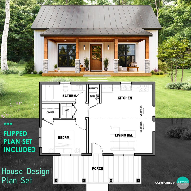 Puede incluir: Un conjunto de planos de dise&ntilde;o de casa que incluye la representaci&oacute;n de una caba&ntilde;a blanca con techo de metal oscuro y porche de madera, junto a un plano detallado en blanco y negro que muestra la distribuci&oacute;n de dormitorio, ba&ntilde;o, cocina y sala.