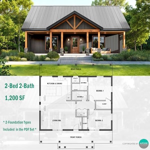 40'x30' 1,200SF Farmhouse Blueprint 2Bed 2Bath Small House Design Architectural Plan - Modern House Floor Plans (PDF Download) image 2