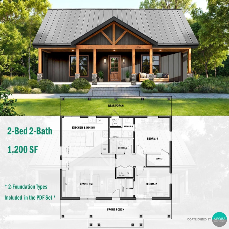 40'x30' 1,200SF Farmhouse Blueprint 2Bed 2Bath Small House Design Architectural Plan - Modern House Floor Plans (PDF Download) image 2