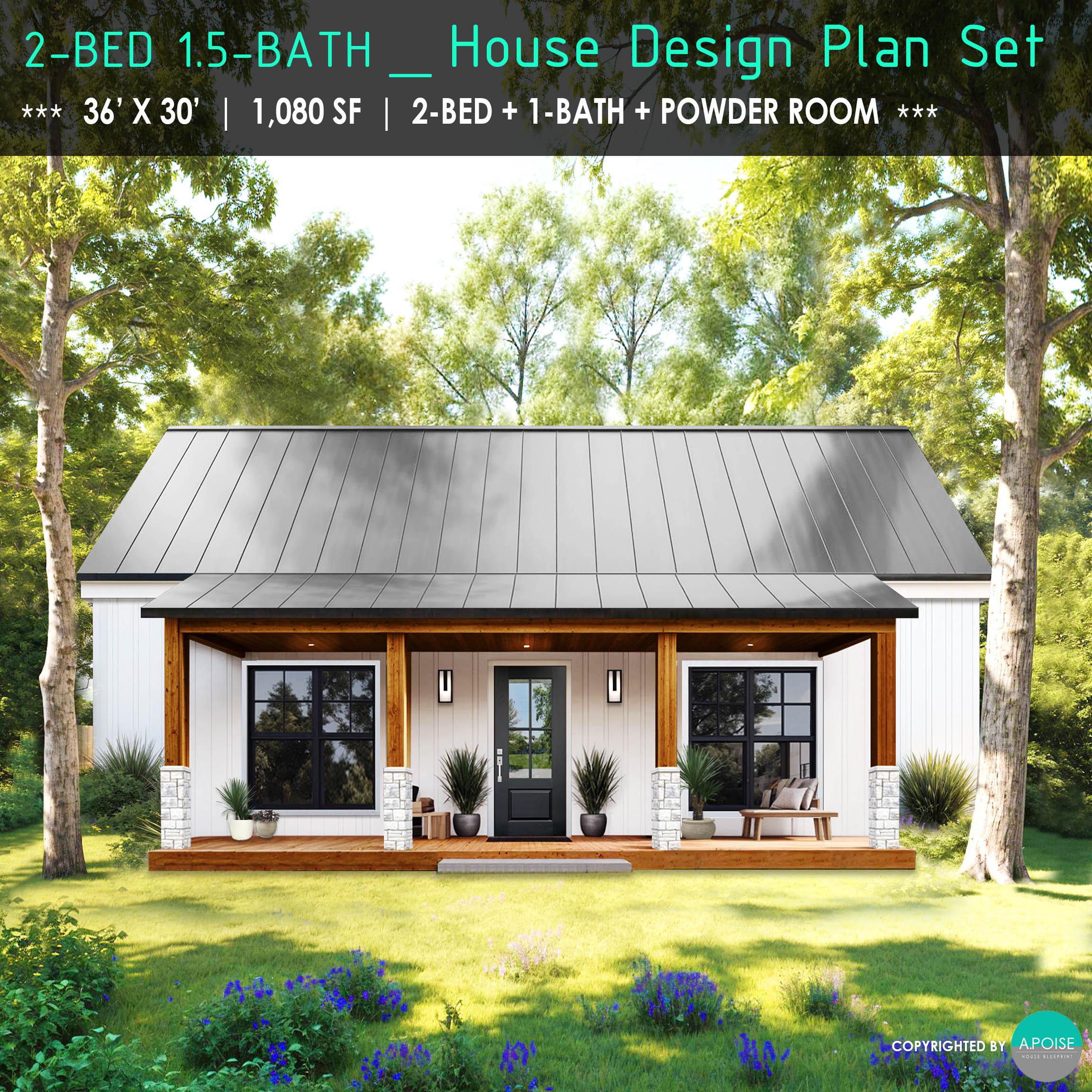 36'x30' House Plans 2Bed 1.5Bath Floor Plan W/Front and Rear Porch Small House Building Plans - Custom Home 1,080SF Compact House Blueprint