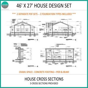 May include: A 46' x 27' house design set featuring three black and white architectural cross-section diagrams. The document includes text labels for building sections, a fire stove chase, and specifies crawl space details for concrete footing and pier and beam foundations.