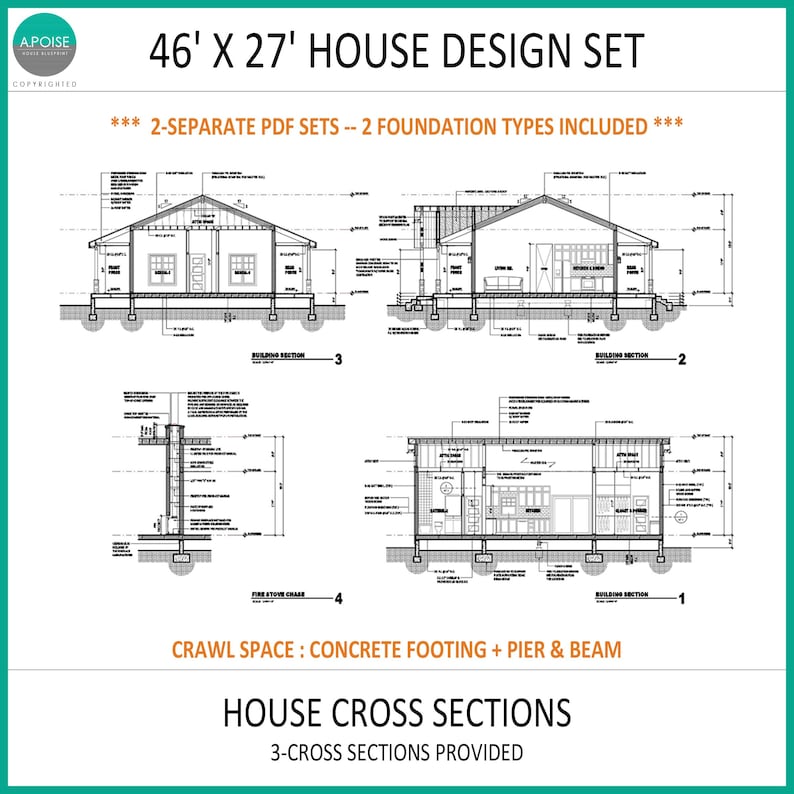 May include: A 46' x 27' house design set featuring three black and white architectural cross-section diagrams. The document includes text labels for building sections, a fire stove chase, and specifies crawl space details for concrete footing and pier and beam foundations.