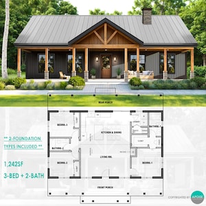 May include: A house design featuring a dark gray exterior with a metal roof, a wooden front porch, and a floor plan layout. The text reads 2-FOUNDATION TYPES INCLUDED, 1,242SF, and 3-BED + 2-BATH. The floor plan shows three bedrooms, two bathrooms, a kitchen, dining area, and living room.