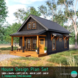 Plans de maison cabane avec mezzanine 21 x 29 pi - Plan de cabane personnalisé Tiny House 757 pieds carrés, noir et bois de cèdre (téléchargement PDF)