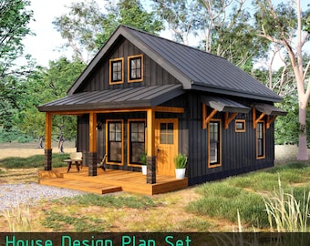 Cabin House Plans with Loft 21'x29' House Plan - Custom Tiny House 757SF Cabin Blueprint, Black and Cedar Wood (PDF Download)