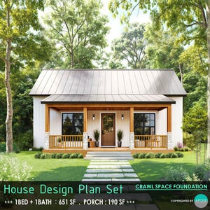 31'x21' Tiny House-plattegronden Hut met 1 slaapkamer en veranda kruipruimte funderingshuis ontwerpplannen - custom bouwblauwdruk 651SF boerderij