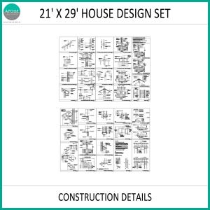 May include: A 21' x 29' house design set featuring black and white technical construction details. The document includes numerous architectural diagrams, structural cross-sections, and building specifications arranged in a grid layout on a white background.