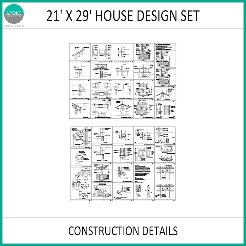 May include: A 21' x 29' house design set featuring black and white technical construction details. The document includes numerous architectural diagrams, structural cross-sections, and building specifications arranged in a grid layout on a white background.