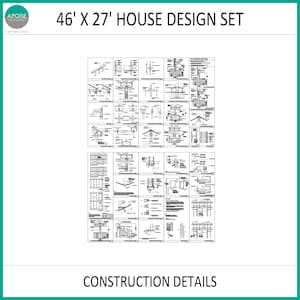 May include: A 46' x 27' house design set featuring black and white technical construction details. The document includes numerous architectural diagrams, structural cross-sections, and building specifications arranged in a grid layout on a white background.