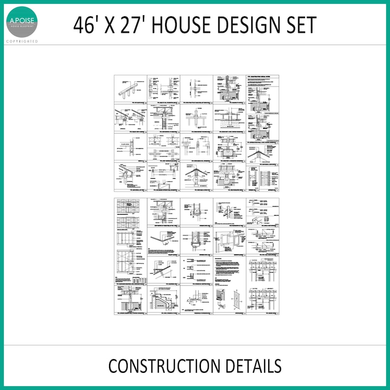 May include: A 46' x 27' house design set featuring black and white technical construction details. The document includes numerous architectural diagrams, structural cross-sections, and building specifications arranged in a grid layout on a white background.