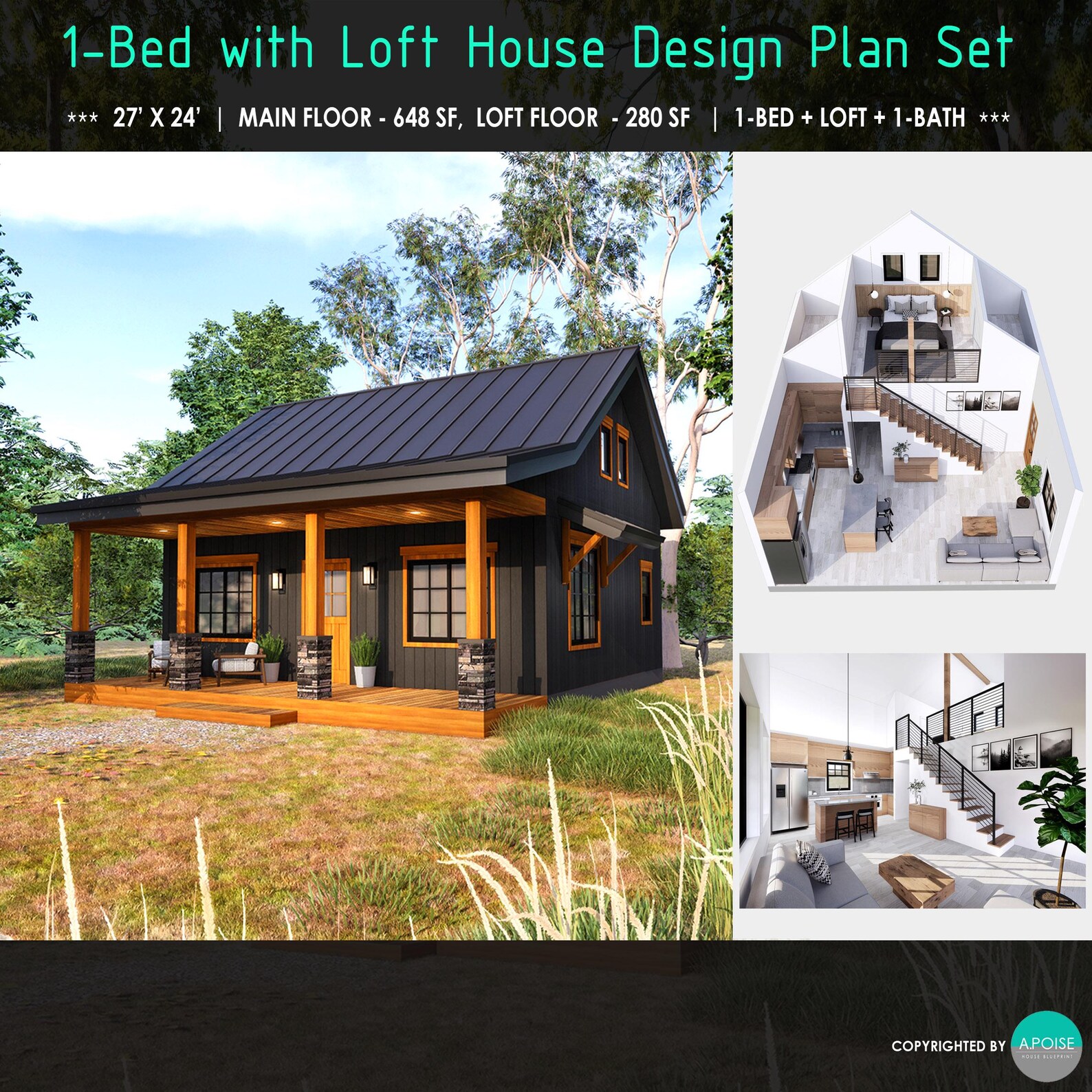 Cabin Plan With Loft: 27'x24', 928 SF Small House Blueprint, Modern ...
