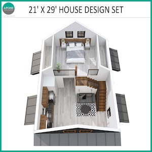 May include: A 21' x 29' house design set featuring a top-down floor plan view. The layout includes a ground floor with a kitchen, living area with a sofa and round table, and a staircase. A loft level contains a bedroom with a bed and nightstands.