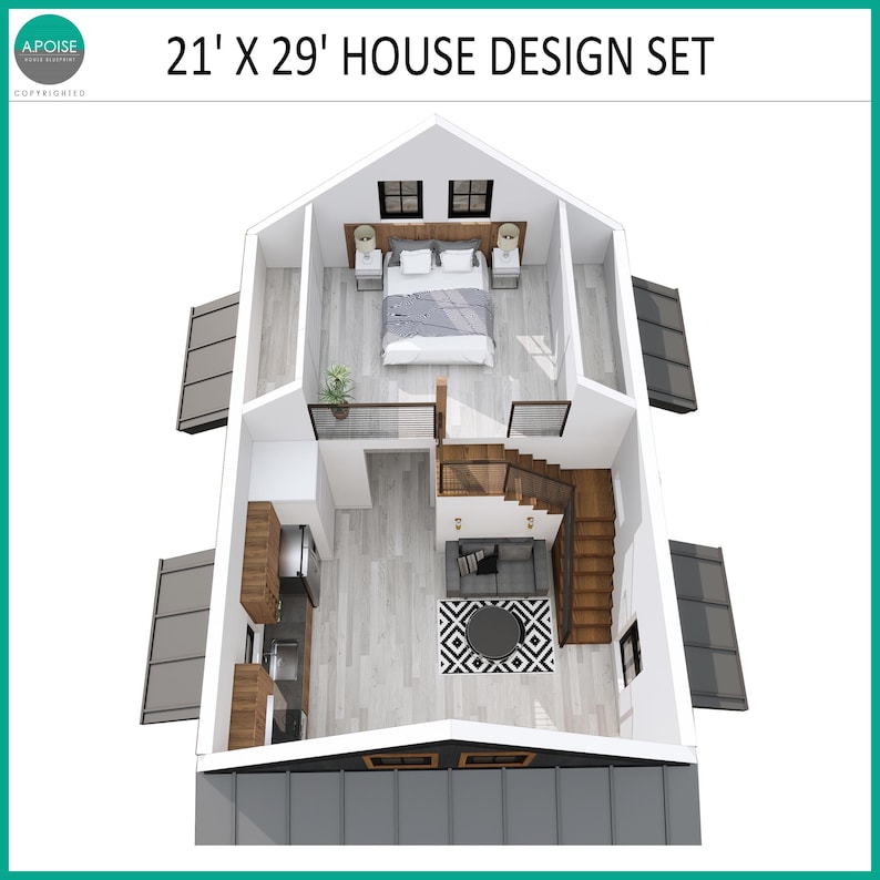 May include: A 21' x 29' house design set featuring a top-down floor plan view. The layout includes a ground floor with a kitchen, living area with a sofa and round table, and a staircase. A loft level contains a bedroom with a bed and nightstands.