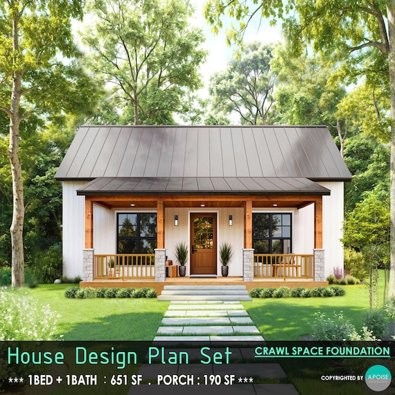 31'x21' Tiny House Plans 1Bedroom Cabin - Small Modern Cottage Design Plans - Custom 651SF Farmhouse Blueprint (PDF Download)