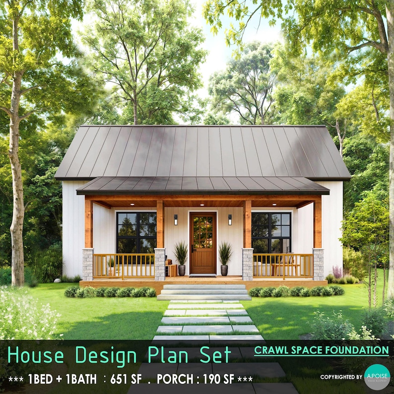 1 Bedroom Cottage House Plans – 651 SF Modern Design (PDF Download) image 1