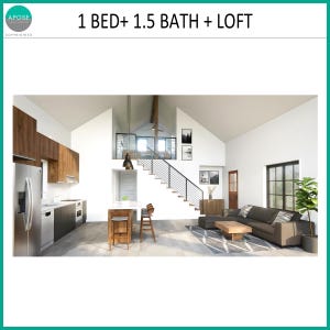 May include: A digital rendering of an open-plan interior featuring a kitchen with wood cabinets, a stainless steel refrigerator, and a central island with two stools. A living area includes a dark sofa, a coffee table, and a staircase to a loft.
