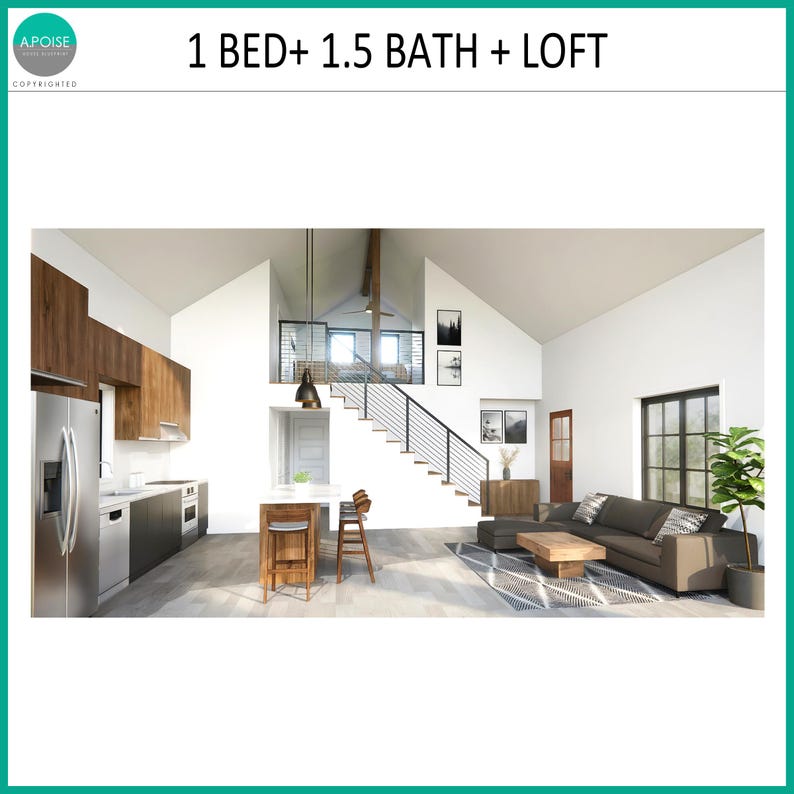 May include: A digital rendering of an open-plan interior featuring a kitchen with wood cabinets, a stainless steel refrigerator, and a central island with two stools. A living area includes a dark sofa, a coffee table, and a staircase to a loft.