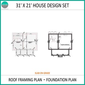Puede incluir: Un conjunto de dise&ntilde;o de casa de 31' x 21' que incluye un plano de estructura de techo y un plano de cimentaci&oacute;n. El documento presenta dibujos arquitect&oacute;nicos t&eacute;cnicos con detalles estructurales, dimensiones y el texto 'SLAB ON GRADE' y 'A.POISE'.