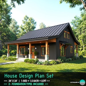 May include: A house design plan set for a 34' x 24' structure featuring one bedroom, 1.5 bathrooms, and a loft. The rendering shows a black exterior with wood accents, a metal roof, a front porch with stone-based pillars, and green trees.