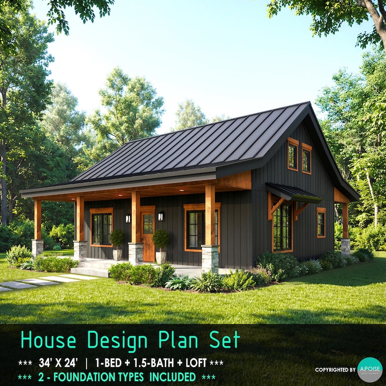May include: A house design plan set for a 34' x 24' structure featuring one bedroom, 1.5 bathrooms, and a loft. The rendering shows a black exterior with wood accents, a metal roof, a front porch with stone-based pillars, and green trees.