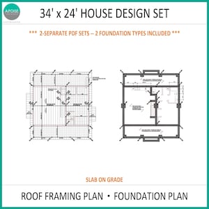 May include: A 34' x 24' house design set featuring two separate PDF sets and two foundation types. The document includes a roof framing plan and a foundation plan with slab on grade specifications, displaying technical architectural layouts.