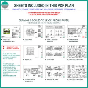 May include: A digital PDF architectural plan set for a house, scaled to 24"x36" Arch-D paper. The document includes a cover sheet with a rendering, floor plans, door and window schedules, foundation and roof framing, elevations, and construction details.