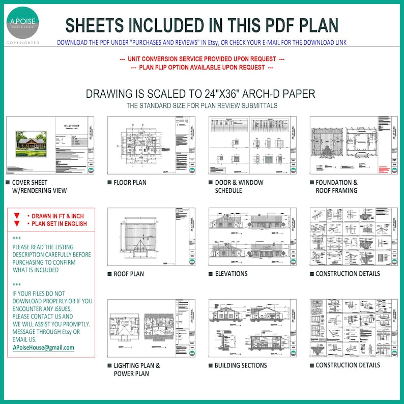 May include: A digital PDF architectural plan set for a house, scaled to 24"x36" Arch-D paper. The document includes a cover sheet with a rendering, floor plans, door and window schedules, foundation and roof framing, elevations, and construction details.