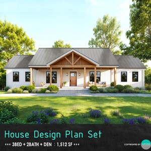 Boerderijplattegronden - 56'x27' huis met 3 slaapkamers architectonische plattegrond set - 1500SF Blauwdruk aangepast huis