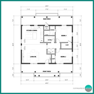 40'x30' 1,200SF Farmhouse Blueprint 2Bed 2Bath Small House Design Architectural Plan - Modern House Floor Plans (PDF Download) image 3