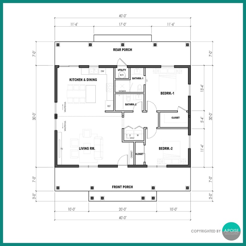 40'x30' 1,200SF Farmhouse Blueprint 2Bed 2Bath Small House Design Architectural Plan - Modern House Floor Plans (PDF Download) image 3