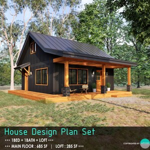 Huisplattegronden met zolder 27'x26' huisplattegrondenset - Aangepast klein huis 970SF blokhut blauwdruk, zwart en cederhout moderne eenvoudige hut