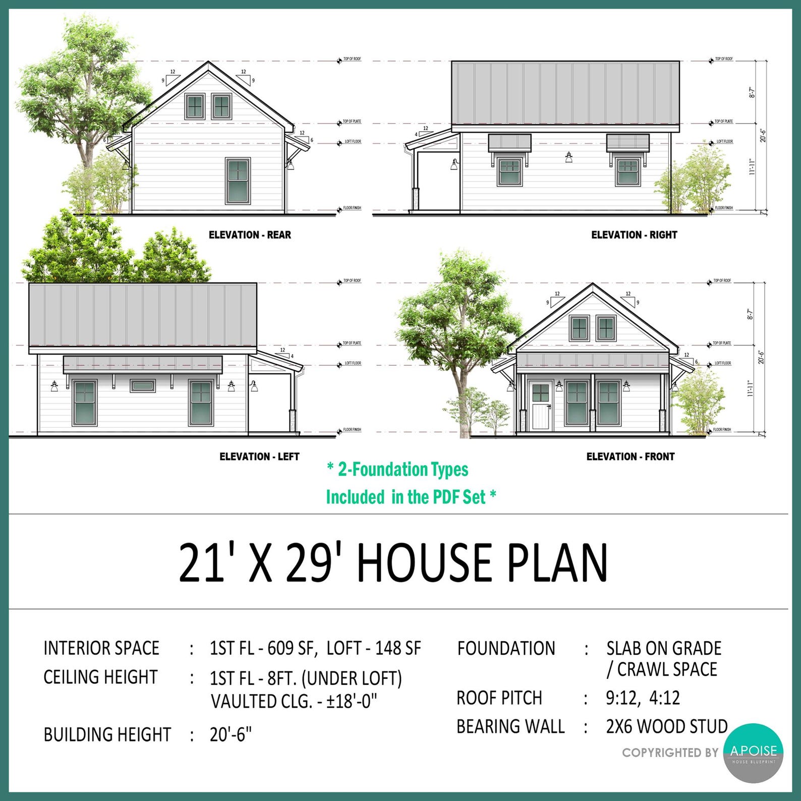 Cabin House Plans With Loft – 21'x29' Tiny Home Blueprint (PDF Download ...