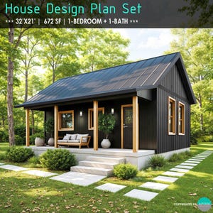 32&#39;x21&#39; Modern Small Cabin Plans 672SF 1bed 1bath Small House Plan W/Porch Floor Plans House Design Plans - Tiny Cabin Plans Blueprint
