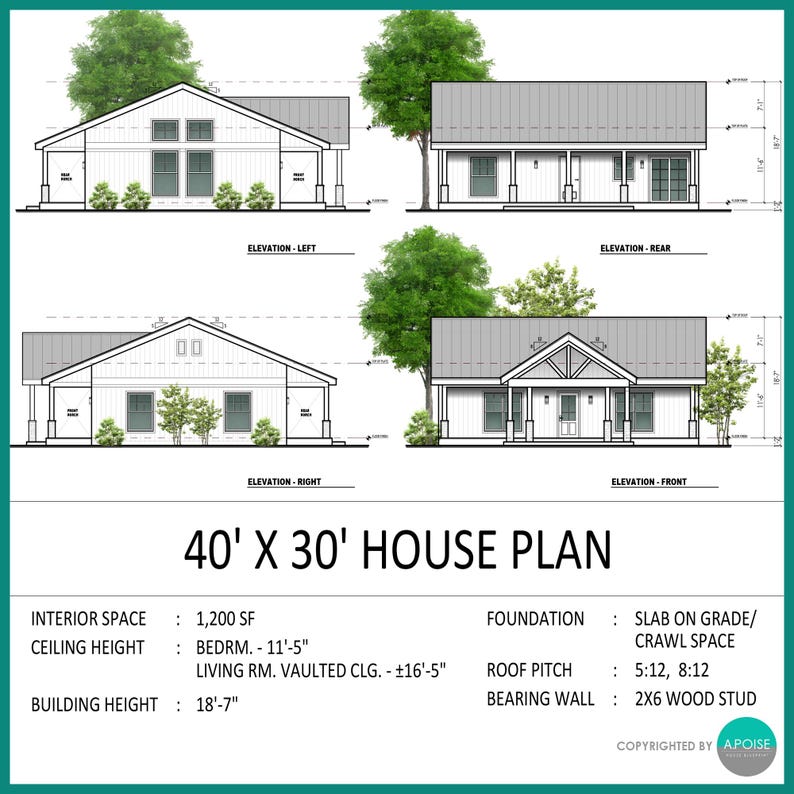 40'x30' 1,200SF Farmhouse Blueprint 2Bed 2Bath Small House Design Architectural Plan - Modern House Floor Plans (PDF Download) image 4