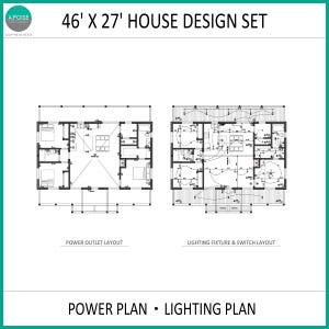 May include: A 46' x 27' house design set featuring a power plan and a lighting plan. The document displays two architectural floor plans, one labeled Power Outlet Layout and the other labeled Lighting Fixture & Switch Layout, with technical lines.