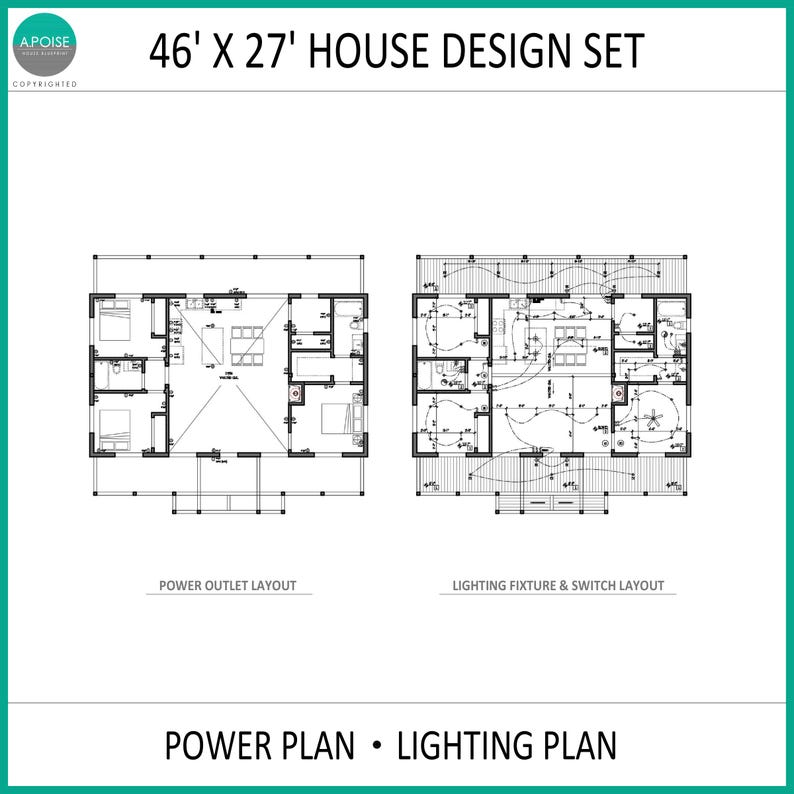 May include: A 46' x 27' house design set featuring a power plan and a lighting plan. The document displays two architectural floor plans, one labeled Power Outlet Layout and the other labeled Lighting Fixture & Switch Layout, with technical lines.