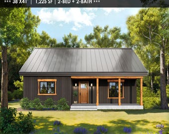 Small House Plan 2Bed 2Bath 1200SF W/Porch 38&#39;x41&#39; House Design Building Plans - Custom House Plan Small Cabin Plan Blueprint