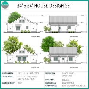 May include: A 34' x 24' house design set featuring architectural elevations for the right, rear, left, and front views. The document includes technical specifications for building area, ceiling height, foundation, roof pitch, and wall construction.